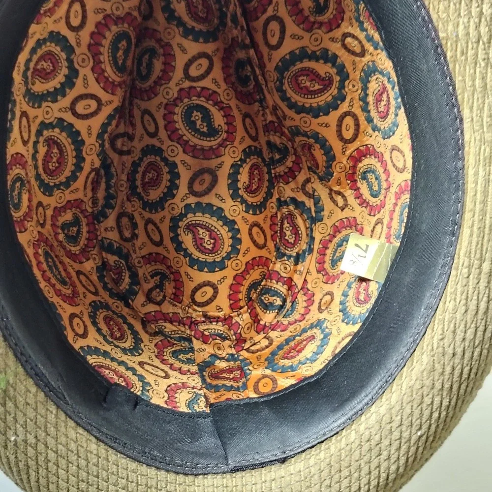 VINTAGE Fedora Hat Men 7 1/8 Gold Corduroy Paisley Lining Feather 1960s